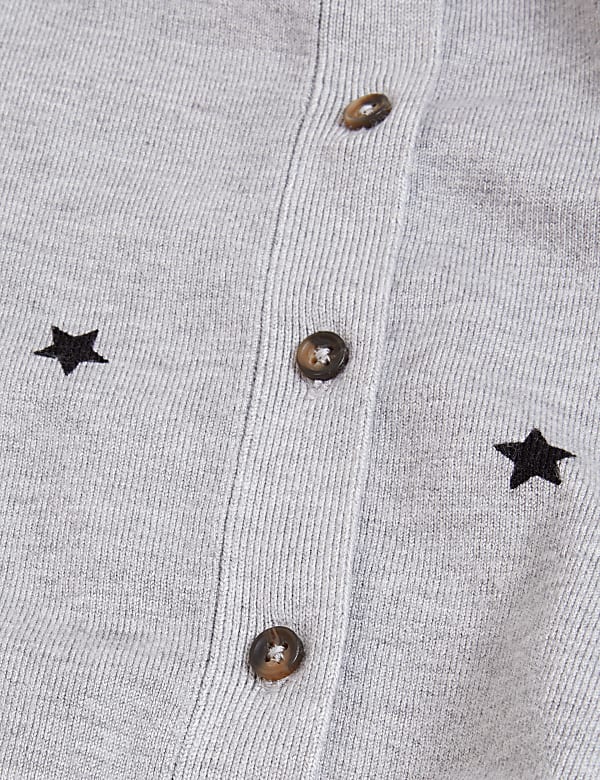 Star Print Crew Neck Button Front Cardigan