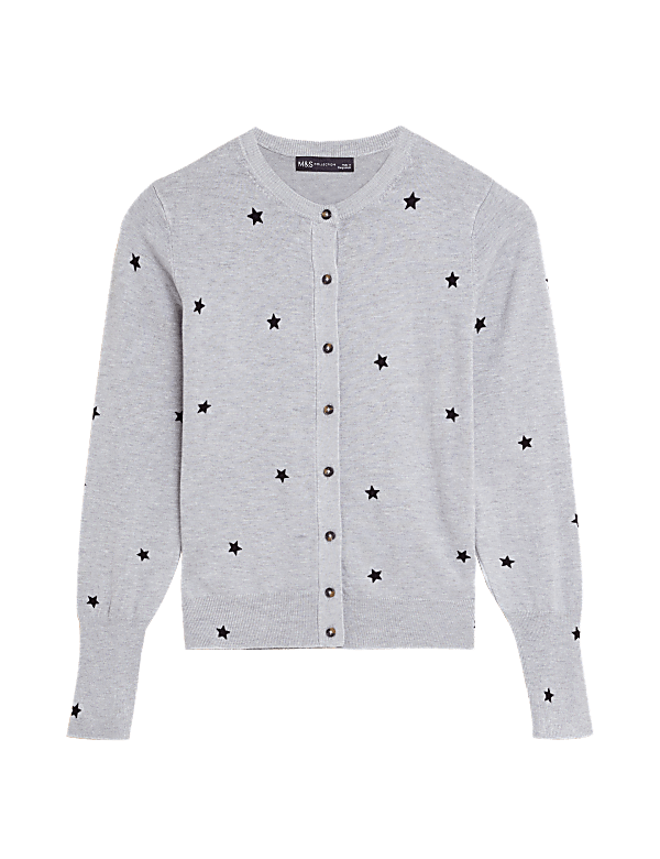 Star Print Crew Neck Button Front Cardigan