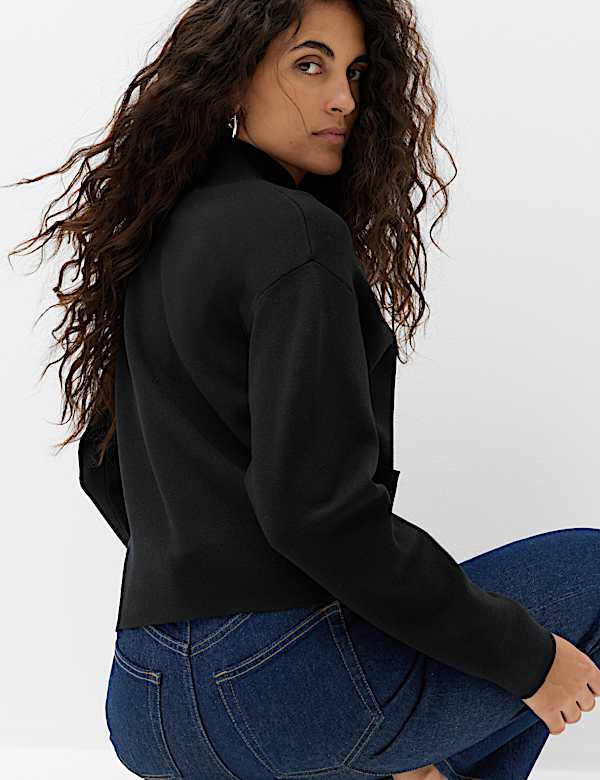 Rayon Rich Funnel Neck Zip Up Pocket Detail Knitted Jacket - RS