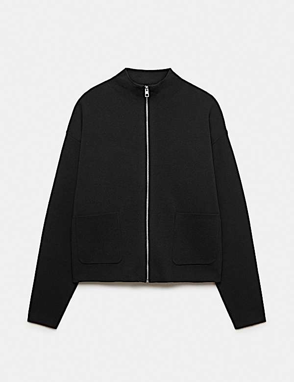 Rayon Rich Funnel Neck Zip Up Pocket Detail Knitted Jacket - RS