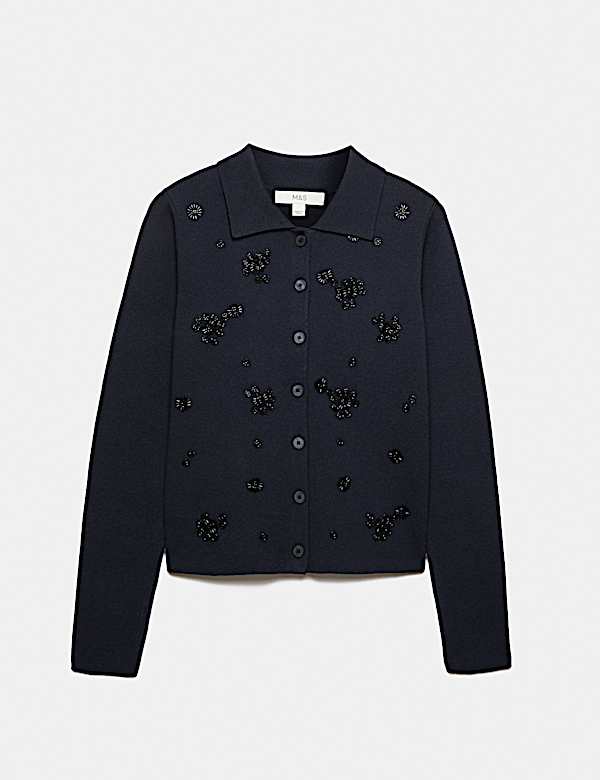 Embellished Collared Fitted Cardigan with Wool - KR