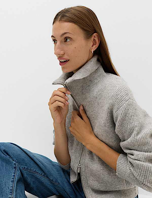 Textured Funnel Neck Relaxed Cardigan With Wool - CA