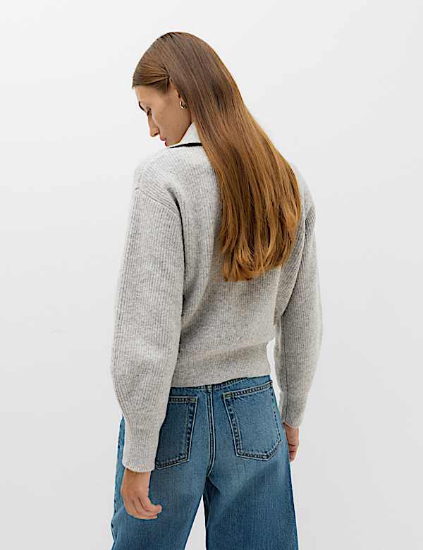 Textured Funnel Neck Relaxed Cardigan With Wool - CA