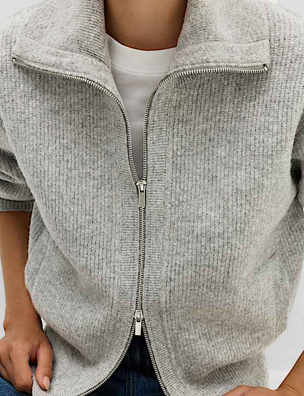 Textured Funnel Neck Relaxed Cardigan With Wool - CA