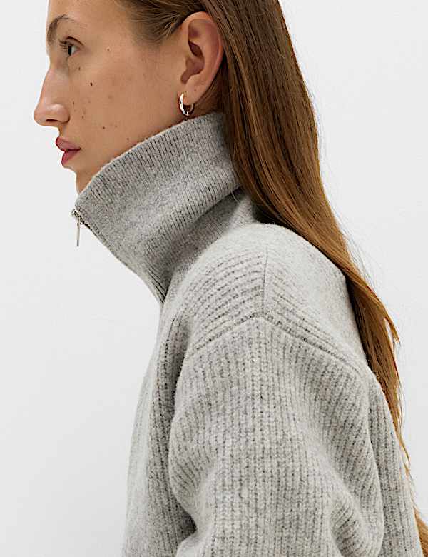 Textured Funnel Neck Relaxed Cardigan With Wool - CA