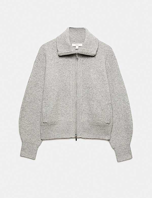Textured Funnel Neck Relaxed Cardigan With Wool - CA