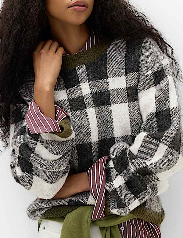 Checked Crew Neck Jumper with Wool - DE