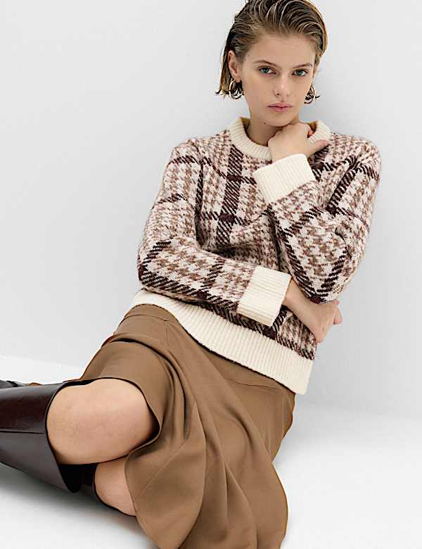 Dogtooth Crew Neck Relaxed Jumper With Wool - CA