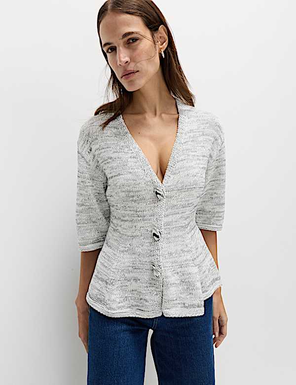 Cardigan Marks And Spencer Femme Vert Taille 14 - Col V, Manches Courtes, Coton