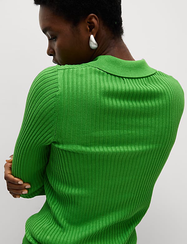 Ribbed Collared Button Detail Knitted Top - GR
