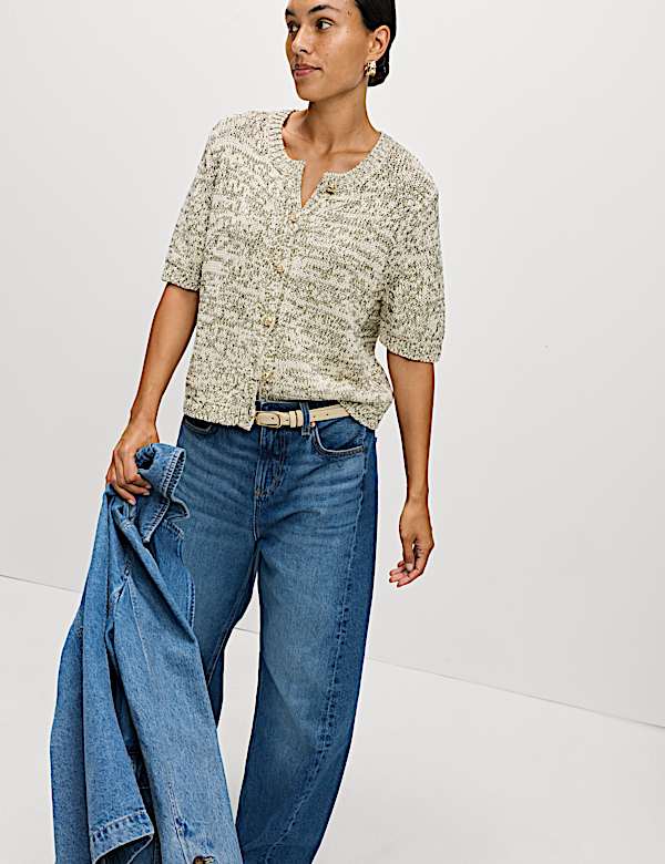 Cotton Blend Metallic Button Front Short Sleeve Cardigan - VN