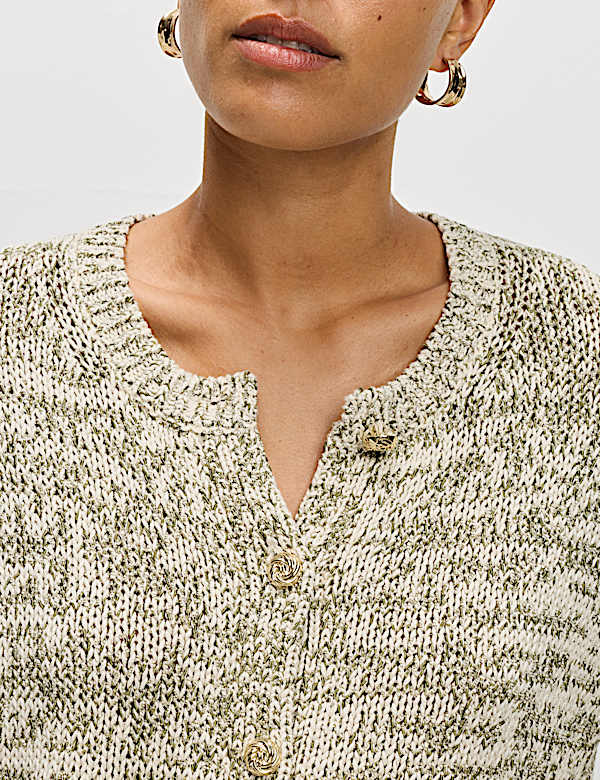 Cotton Blend Metallic Button Front Short Sleeve Cardigan - AL