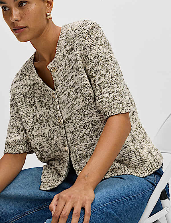 Cotton Blend Metallic Button Front Short Sleeve Cardigan - AL