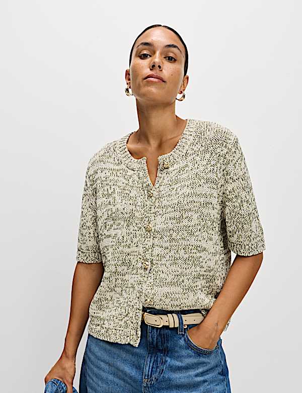 Cotton Blend Metallic Button Front Short Sleeve Cardigan - AL