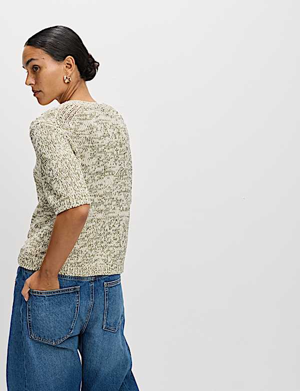 Cotton Blend Metallic Button Front Short Sleeve Cardigan - AL