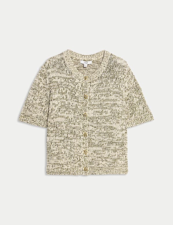 Cotton Blend Metallic Button Front Short Sleeve Cardigan - AL