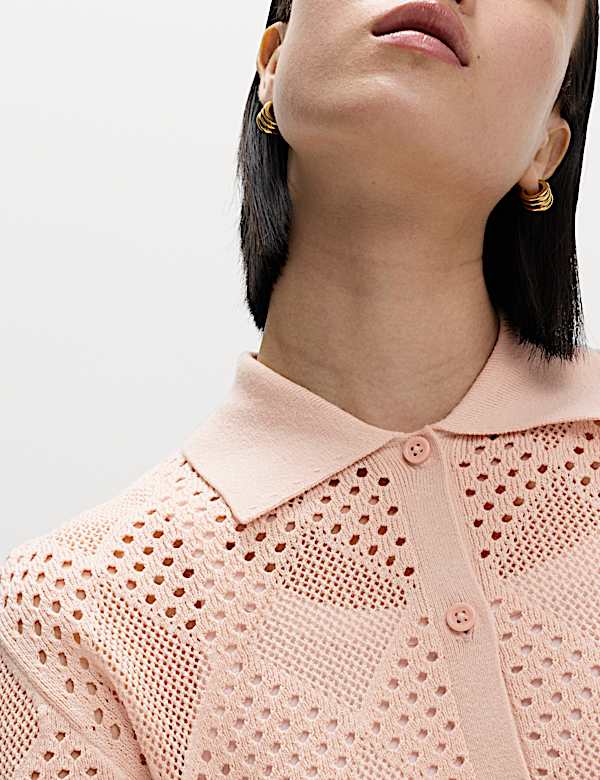 Cotton Rich Textured Collared Knitted Top