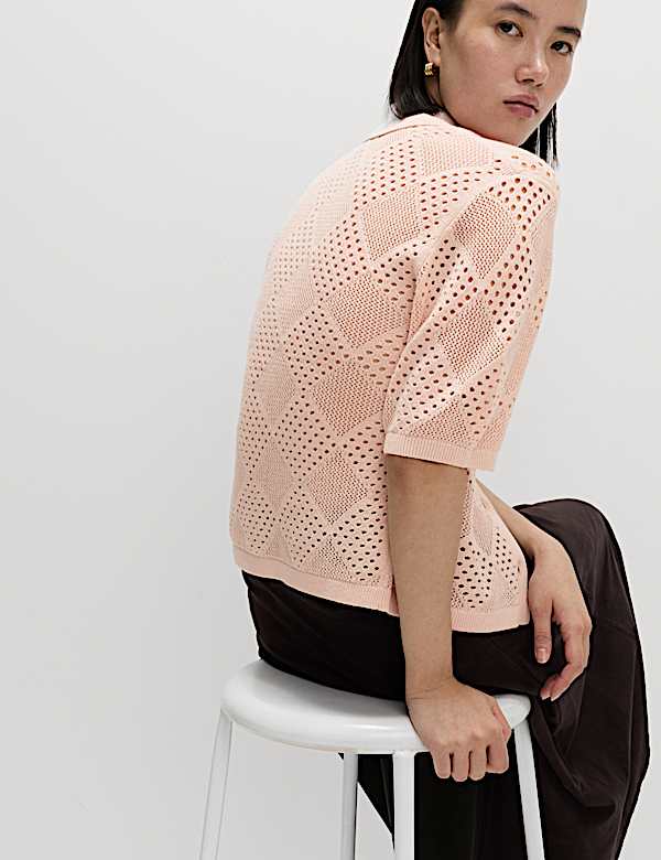Cotton Rich Textured Collared Knitted Top
