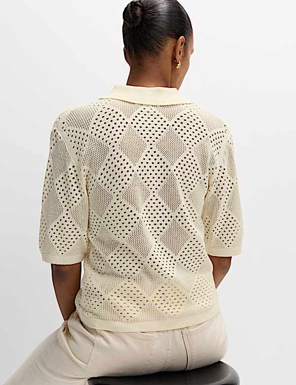 Cotton Rich Textured Collared Knitted Top