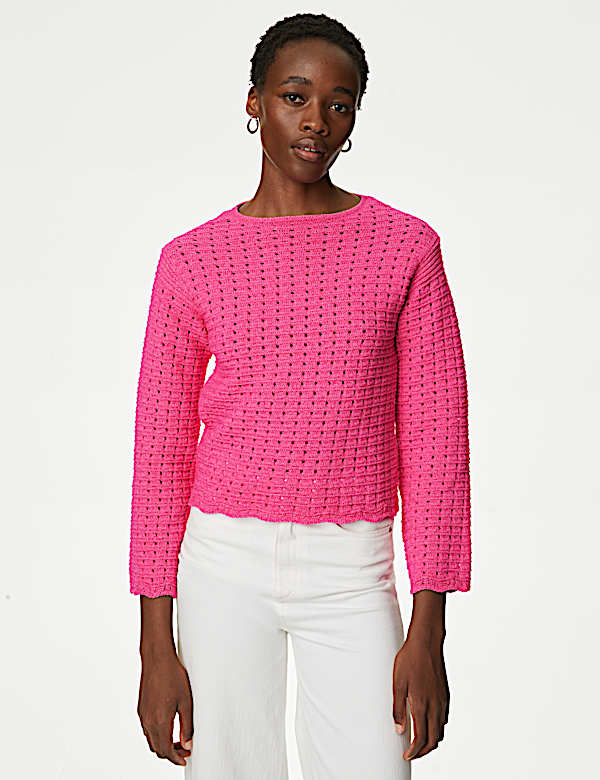 Cotton Rich Textured Crew Neck Jumper - DE