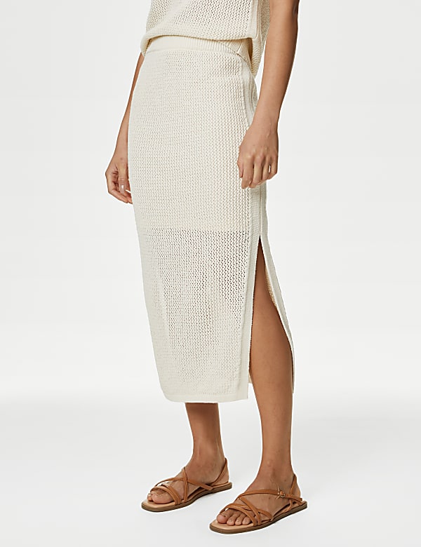 Jupe midi en maille de coton &agrave; motif textur&eacute; - FR