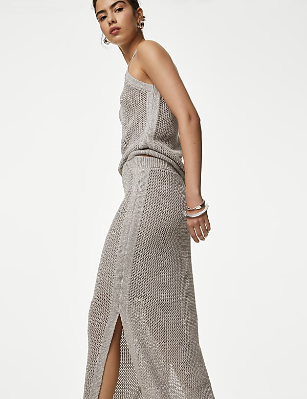 Cotton Rich Textured Knitted Midi Skirt
