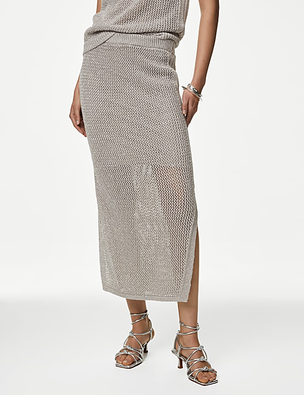 Cotton Rich Textured Knitted Midi Skirt