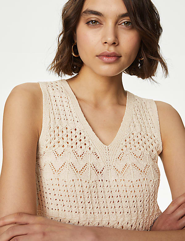 Cotton Rich Textured V-Neck Knitted Vest