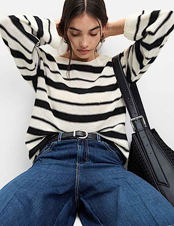 Cotton Rich Striped Crew Neck Fitted Jumper - FI