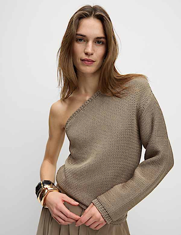 One Shoulder Slim Fit Textured Knitted Top