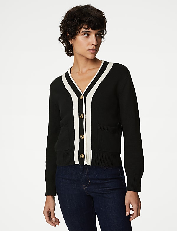 Buy Cotton Rich V Neck Button Front Cardigan at Marks Spencer