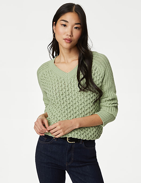 Cotton Rich Textured V-Neck Jumper - BE