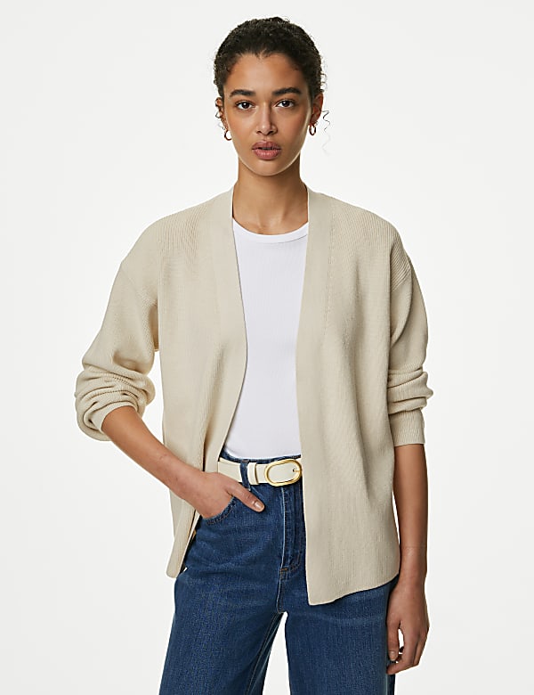 Cotton Rich Ribbed V-Neck Edge to Edge Cardigan - AT
