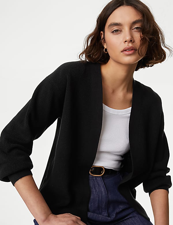 Cotton Rich Ribbed V-Neck Edge to Edge Cardigan