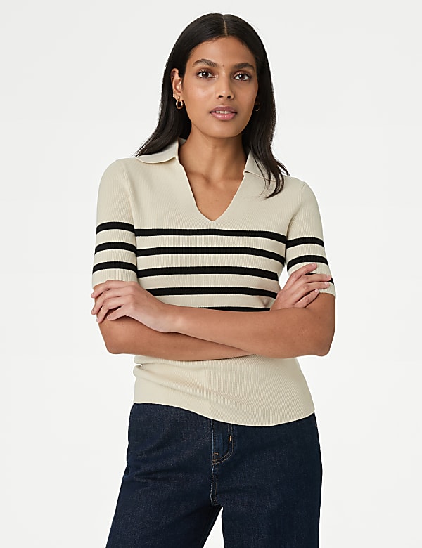 Cotton Rich Ribbed Striped Knitted Top - PL