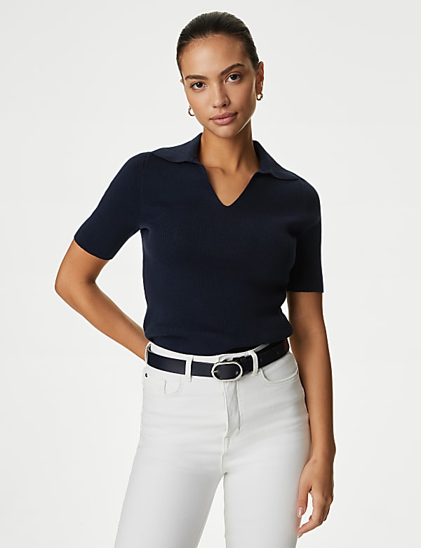 Cotton Rich Ribbed Collared Knitted Top - AL