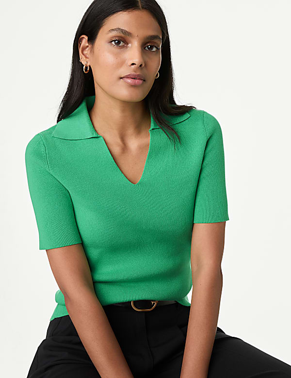 Cotton Rich Ribbed Collared Knitted Top - US
