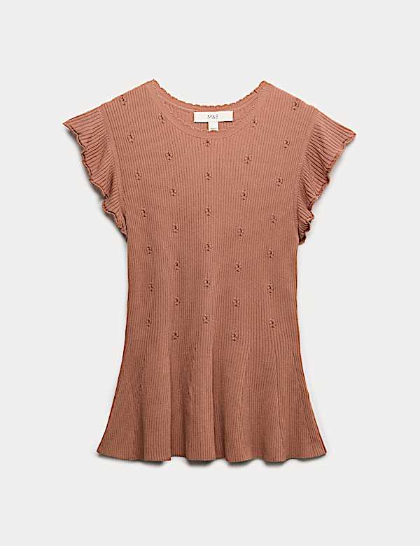 Gebreide, geribbelde top met aangerimpelde taille en ruches - BE