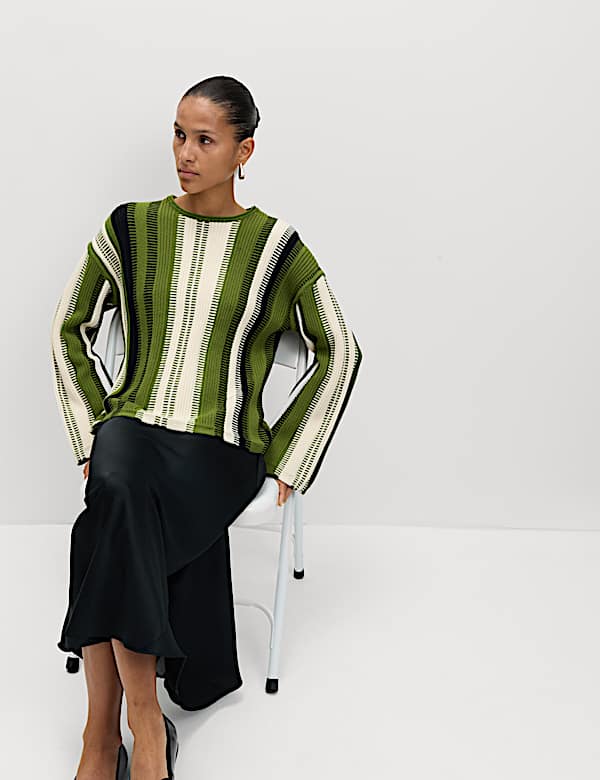 Cotton Rich Striped Crew Neck Jumper - US