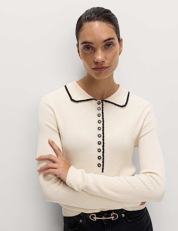 Ribbed Collared Button Detail Knitted Top - AU