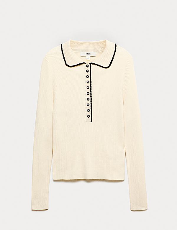 חולצת ריב סרוגה עם צווארון וכפתורים - IL