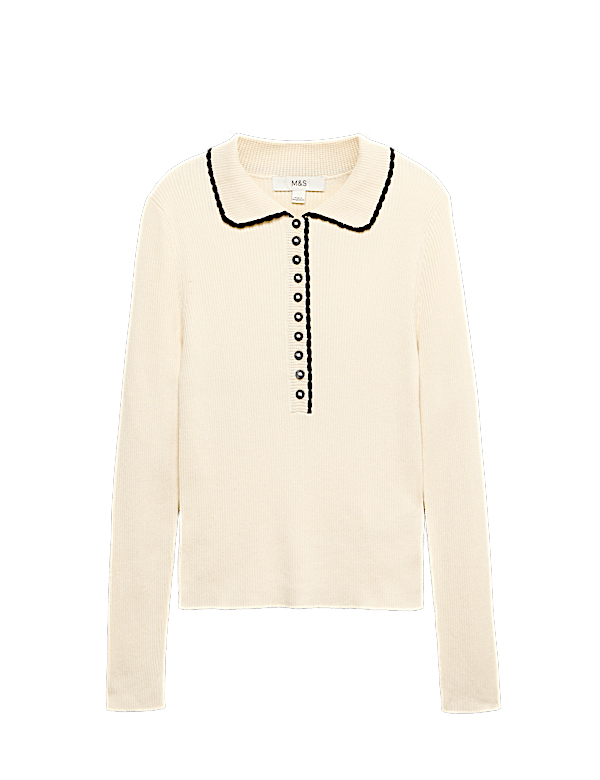 Ribbed Collared Button Detail Knitted Top