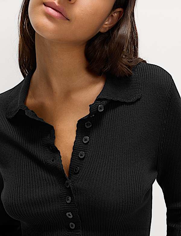 Ribbed Collared Button Detail Knitted Top
