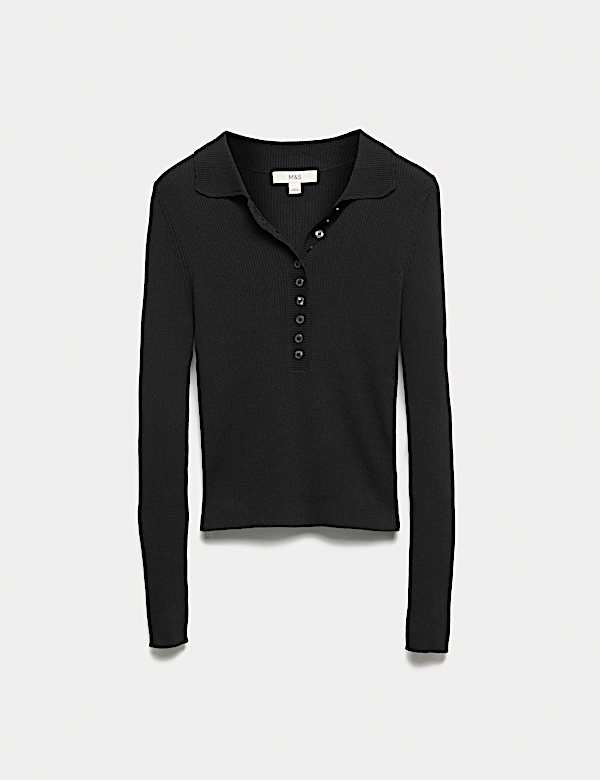 Ριμπ πλεκτό τοπ με λεπτομέρεια κουμπιών και γιακά - GR