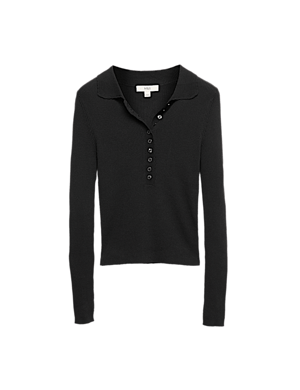 Ribbed Collared Button Detail Knitted Top