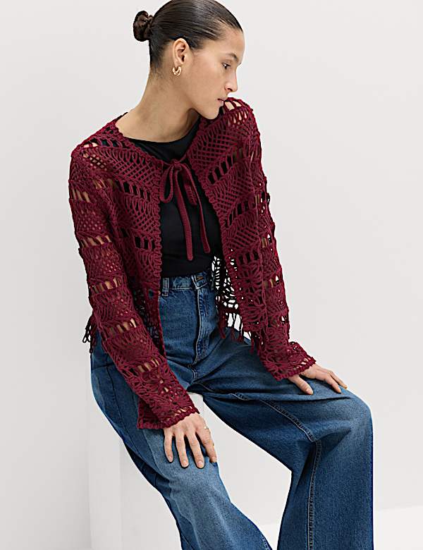 Pure Cotton Tie Fastening Cropped Cardigan - BN