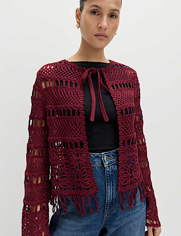 Pure Cotton Tie Fastening Cropped Cardigan - BN