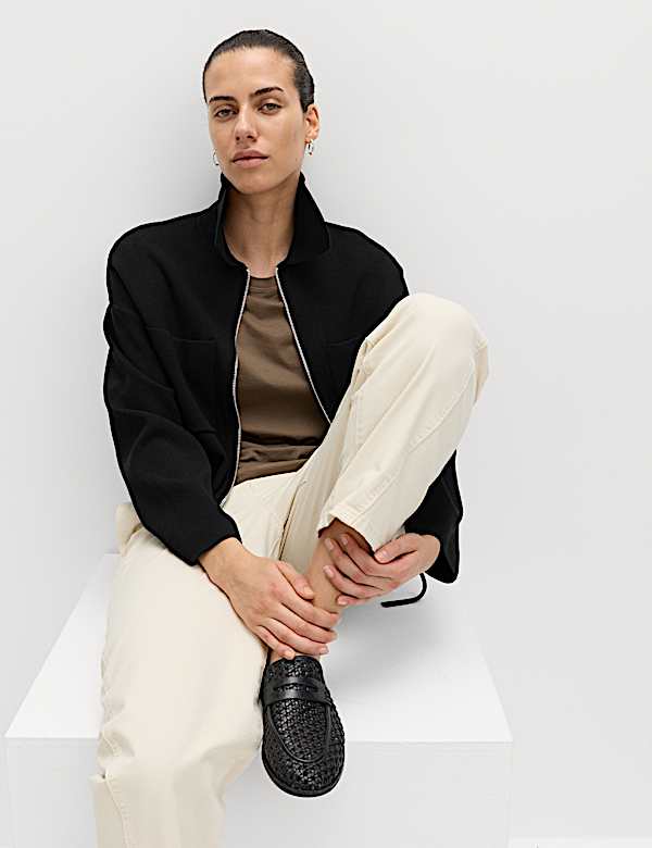 Collared Zip Up Relaxed Knitted Jacket - HR