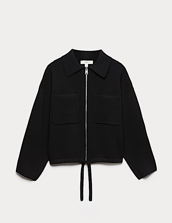 Collared Zip Up Relaxed Knitted Jacket - HR