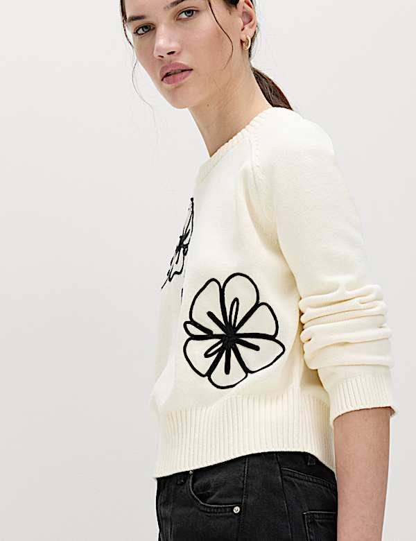 Cotton Rich Embroidered Crew Neck Jumper - CA